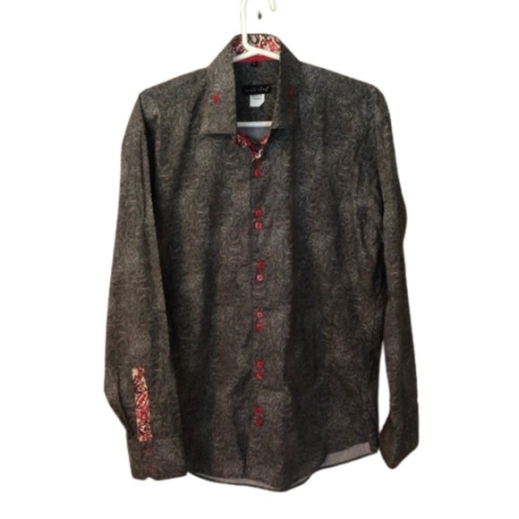 JARED LANG SIZE LARGE BLACK PRINT LONG SLEEVE RED BUTTON SHIRT RED PRINTED CUFFS - Picture 1 of 10